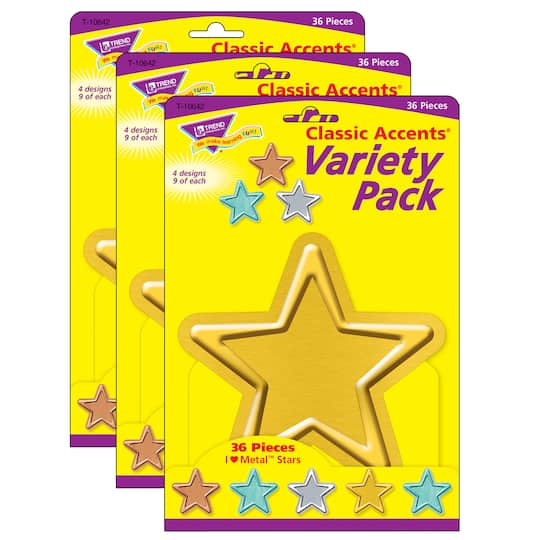 Trend Enterprises® I Heart Metal Stars Classic Accents® Variety Pack, 3 Packs of 36